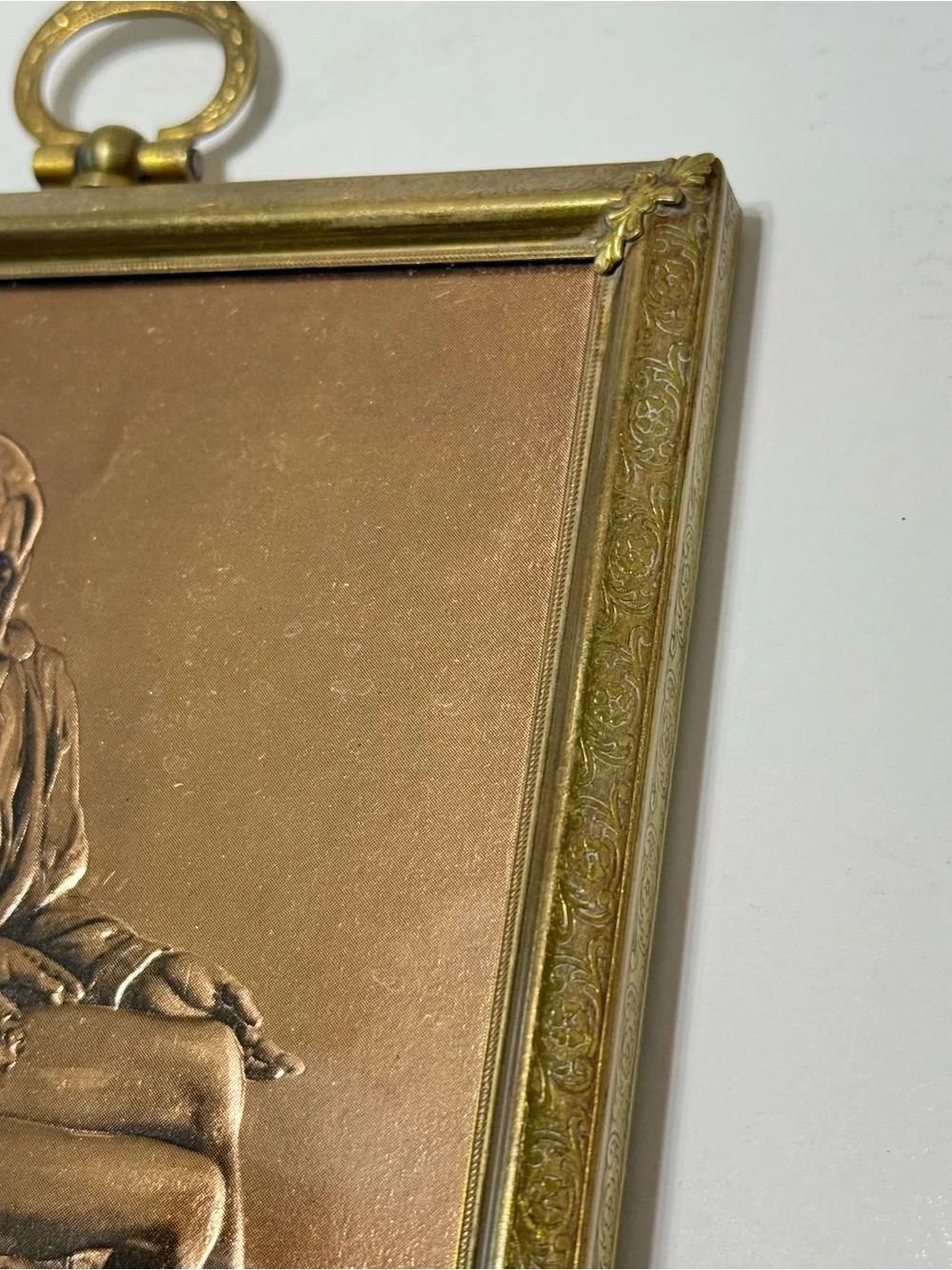 Vintage Michelangelo Pietà Copper Relief Wall Plaque Brass Frame Religious Art